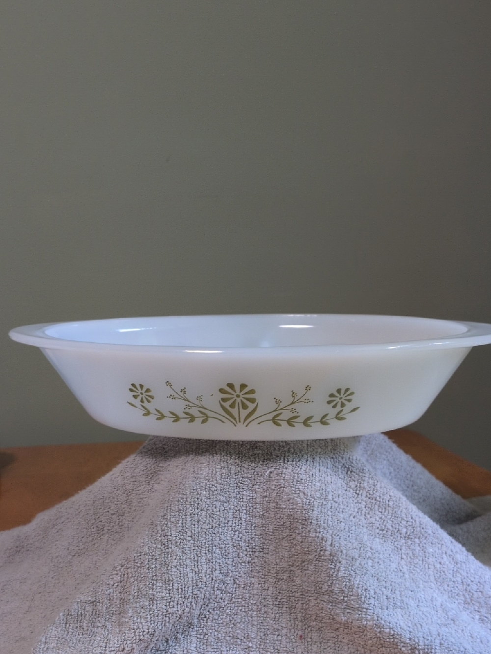 Vintage Glasbake Divided White Baking Dish with Olive Green Floral Motif